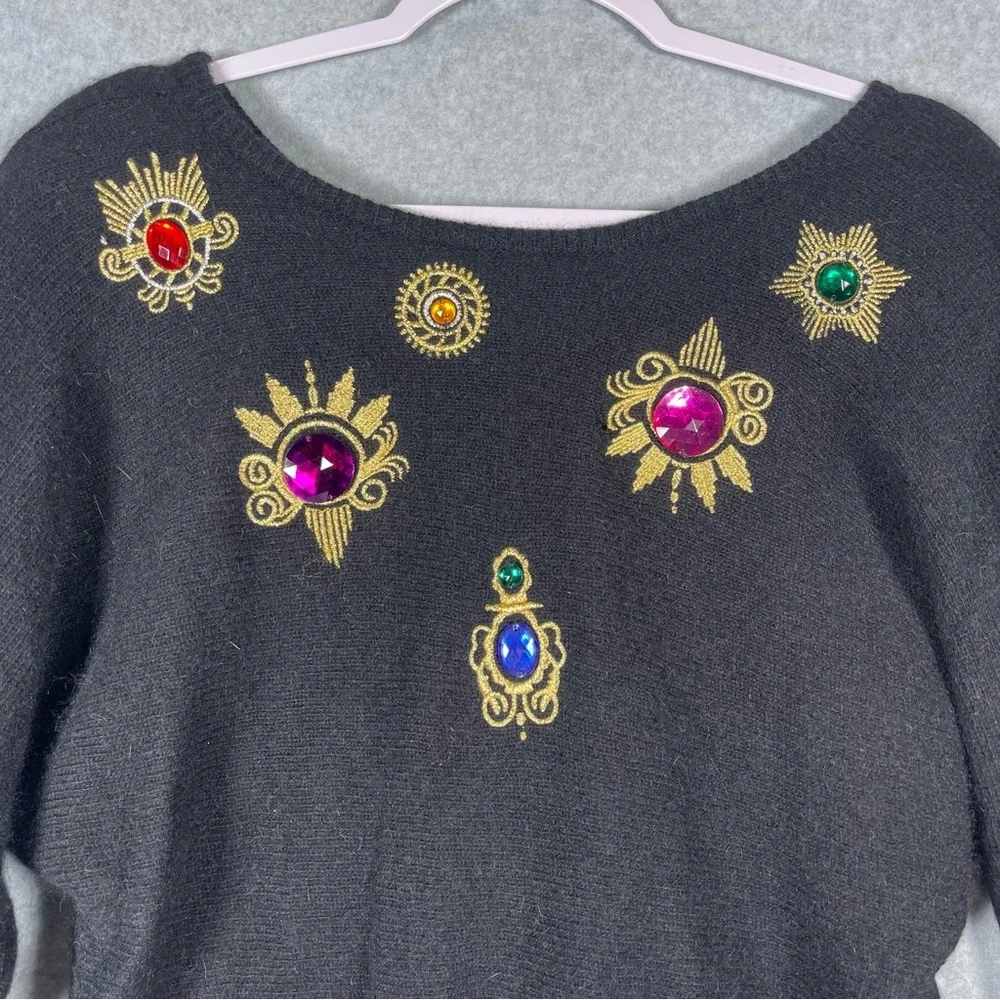 Sk & Company‎ Petite 80s Vintage Lambswool Angora Rhinestone Gem Black Sweater M